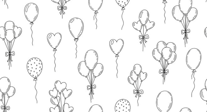 Balloon Seamless Pattern of Hand Drawn Doodle Balloons and Heart Shapes on White for Festive Celebration and Party Designs