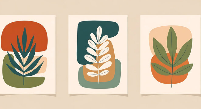 Botanical Abstract Leaf Minimalist Posters Featuring Organic Shapes and Triptych Wall Art for Modern Home Decor