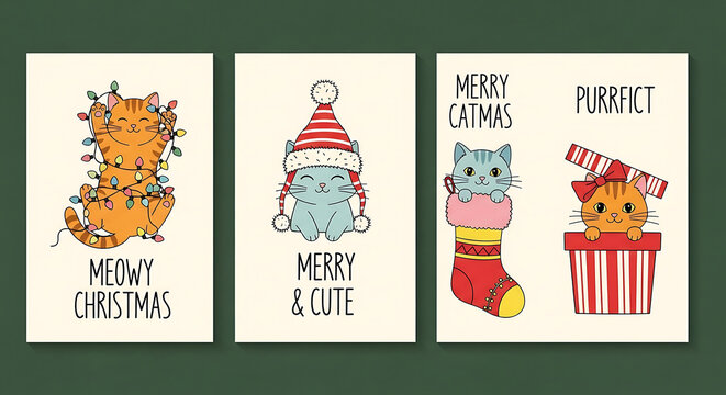 Cat Christmas Kitten Holiday Card Set with Cute Cartoon Characters Celebrating the Season with Lights and Gifts