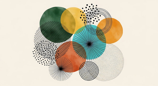 Abstract Geometric Circle Watercolor Pattern with Minimalist Lines Creates a Modern Bohemian Art Piece for Wall Decor