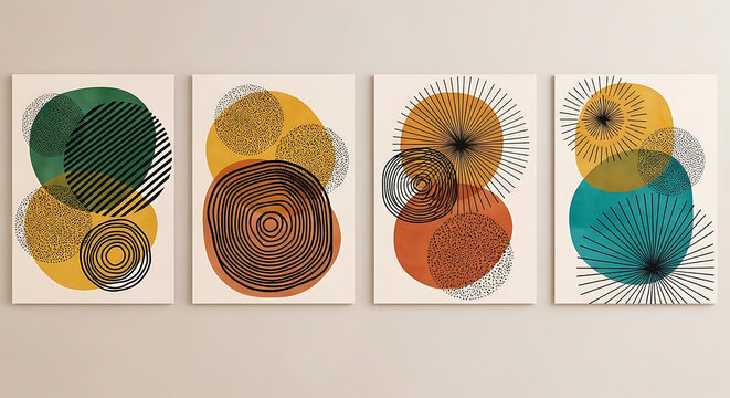 Abstract Geometric Wall Art Set with Organic Shapes and Earthy Colors Hanging in a Minimalist Modern Room