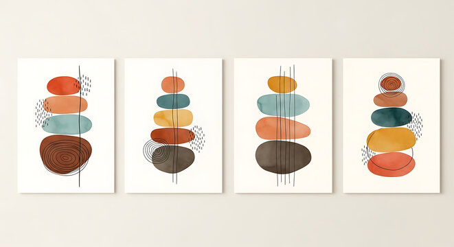 Abstract Poster Minimalist Set Stone Illustrations with Organic Shapes on a Neutral Wall for Zen Interior Design