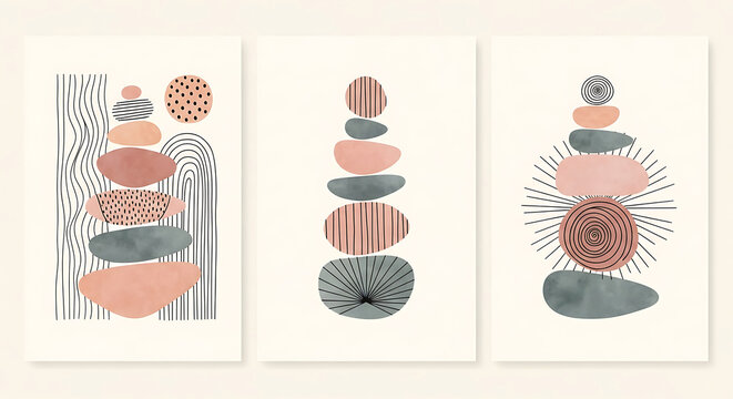 Abstract Boho Minimalist Stones and Organic Shapes Stacked in a Threepanel Wall Art Set for Modern Home Decor