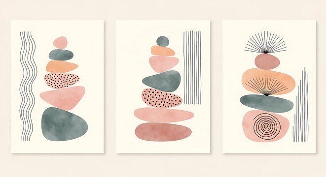 Abstract Zen Stone Pebble Minimalist Wall Art Set with Stacked Organic Shapes and Lines for Modern Home Decor
