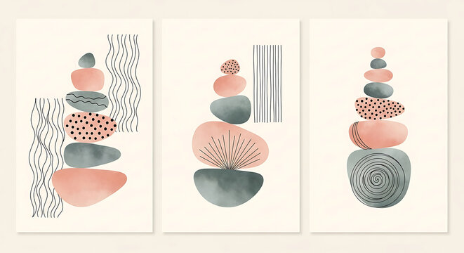 Abstract Minimalist Pebble Art Triptych Featuring Balanced Stones and Botanical Lines for Modern Home Wall Decor