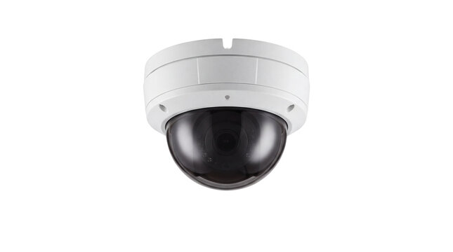 Modern dome security camera for indoor surveillance, white ceiling mounted cctv camera system, professional digital video monitoring equipment isolated PNG with Transparent Background