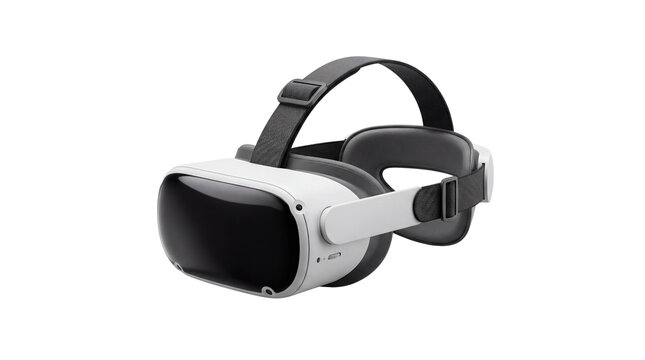 Futuristic virtual reality headset for immersive gaming, white VR goggles with adjustable head strap, high-tech digital eyewear for metaverse isolated PNG with Transparent Background