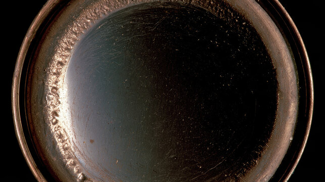 Copper pan interior closeup showing dark seasoned surface, circular rim, worn texture, and reflective light for culinary cookware detail photography