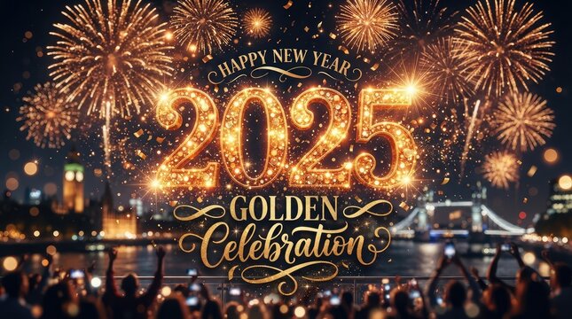 Golden new year 2025 celebration with fireworks and city skyline at night festive and bright holiday atmosphere