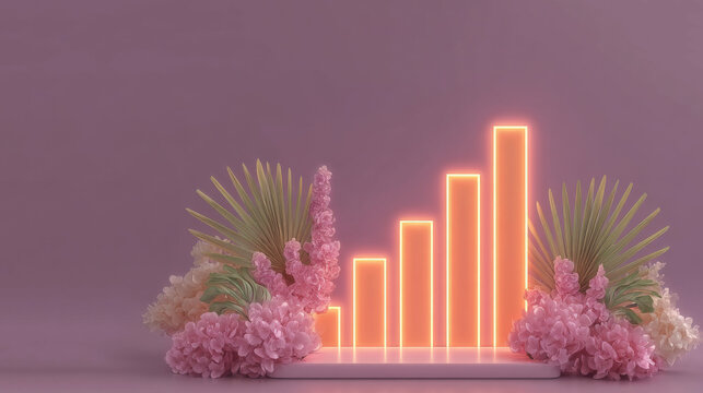 Glowing orange bar chart surrounded by pink flowers and palm fronds on a purple background, representing organic business growth.Beauty business blogs, e-commerce marketing sites