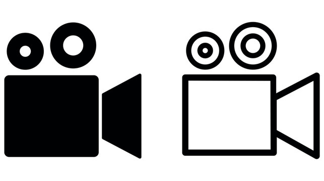 Minimalist black and white cinema movie camera film production icon vector graphic set.