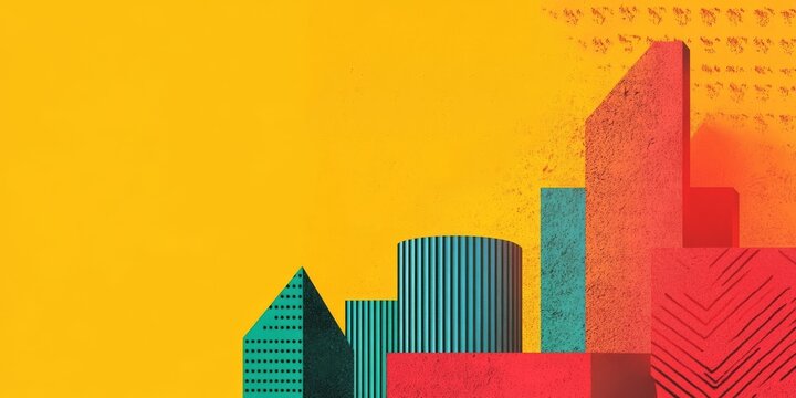 Abstract composition of geometric shapes and 3D architectural blocks in teal, red, and orange against a solid yellow background.Architecture websites, design portfolios, corporate branding blogs