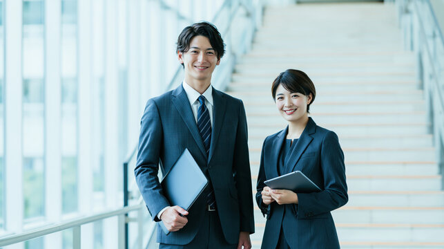 Young Asian business professional and colleague standing in bright office beside staircase, smiling with confidence and holding folders