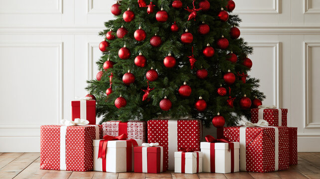 Christmas tree with red ornament and gift box against paneled wall, festive and cheerful