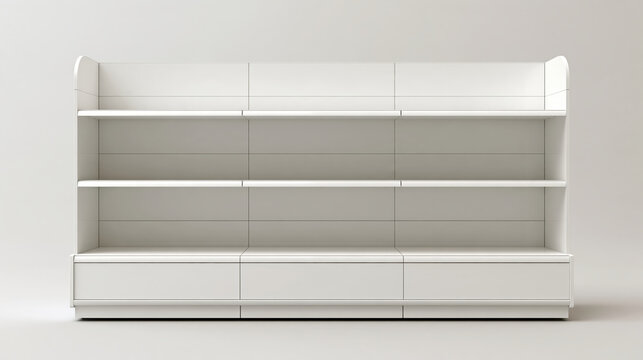 White empty supermarket gondola shelving with clean lines stands against neutral background, offering simple, spacious display for retail products