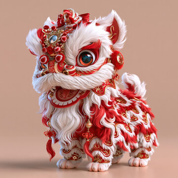 Cute white lion dance costume with red and gold ornament against plain background, evoking festive Chinese tradition