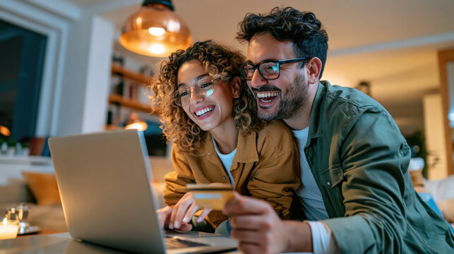 Happy couple shopping online together at home near window with laptop, smiling while browsing products and enjoying shared time