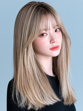 Blonde woman with layered haircut and bangs poses in black top against blue background, showing soft highlights and calm expression