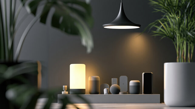 Modern smart home device collection on shelf beneath pendant light, framed by indoor plants, creating calm contemporary atmosphere