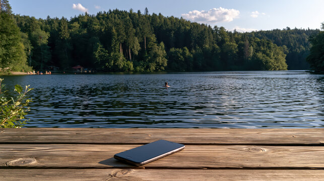 Lake forest wooden deck smartphone water landscape tree sky landscape across forested lake with wooden deck and smartphone foreground