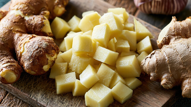 Peeled ginger root diced ginger wooden cutting board fresh ingredient aromatic spice food preparation, Peeled ginger root and diced ginger sit