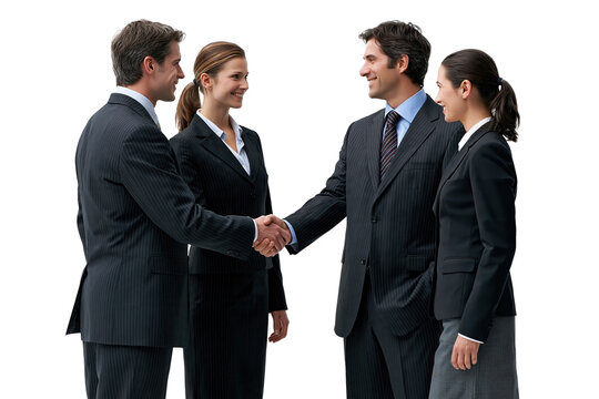 Business team handshake, professional colleagues in formal attire building partnership on white background