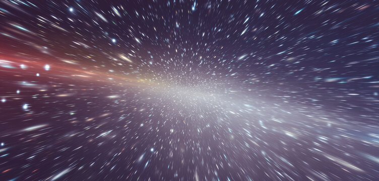 Abstract starfield rushing through deep space in a luminous warp speed field of radial light streaks and cosmic motion