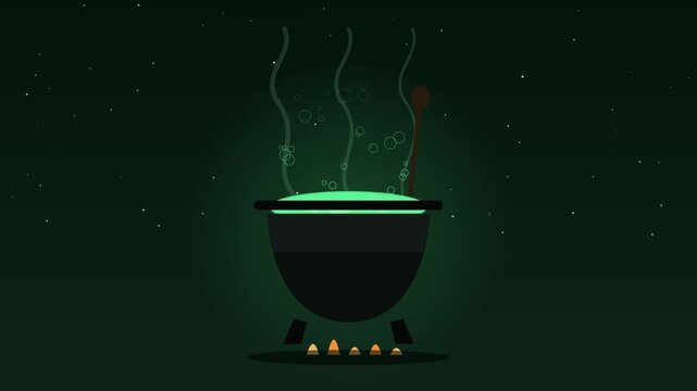 Witch cauldron bubbling green potion with rising bubbles and steam motion background, seamless loop (toxic brew tones)