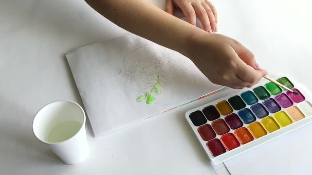 Teenage girl painting in a sketchbook with a watercolor brush, carefully adding color to her drawing, illustrating creativity, artistic development, self-expression, and learning through art.