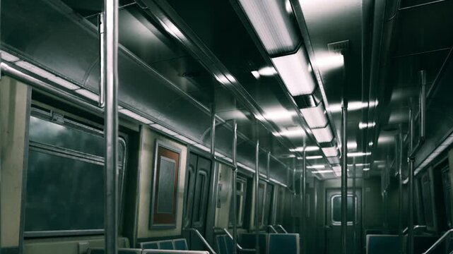 Interior view of an empty subway train car showing shiny metal poles, glowing ceiling lights, empty seats, and dark windows during transit