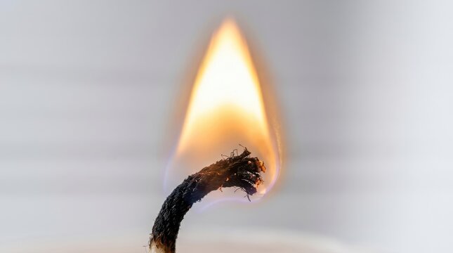 Burning candle wick in extreme close-up. Charred black wick glowing inside a teardrop flame against a soft pale background with a faint blue halo