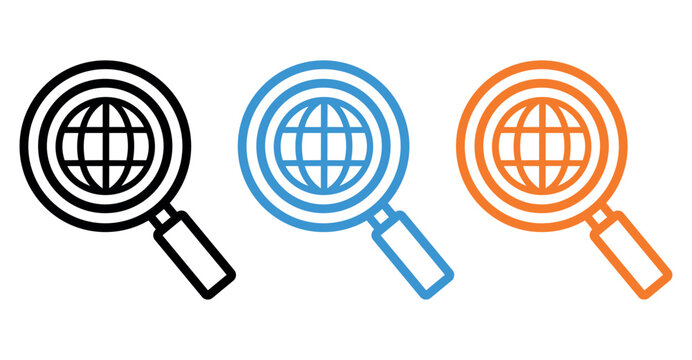 Global search icon vector set with magnifier and world globe symbols in different colors.
