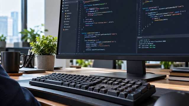 Close Up of Keyboard and Computer Screen Displaying Source Code