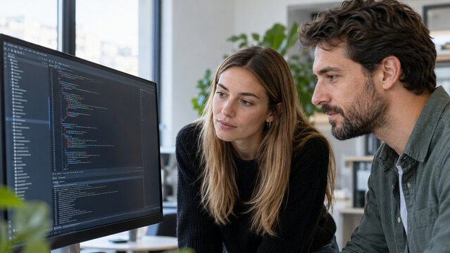 Software Development Team Reviewing Source Code in Modern Office