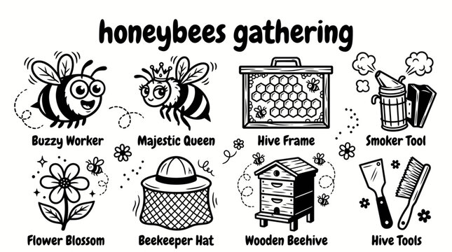 honeybees gathering around wooden beehive frames with flowering plants and protective beekeeping equipment black and white vector scene featuring representing colony growth, pollination and sustainabl