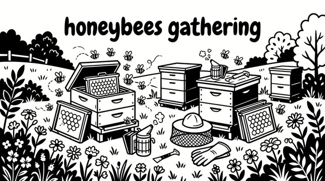 honeybees gathering around wooden beehive frames with flowering plants and protective beekeeping equipment black and white vector scene featuring representing colony growth, pollination and sustainabl