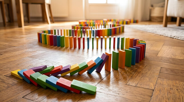 Rainbow Colored Wooden Domino Blocks Falling in a Long Sinuous Chain Reaction on a Polished Parquet Floor, Illustrating Concepts of Cause and Effect, Momentum, and Strategic Planning Indoors.