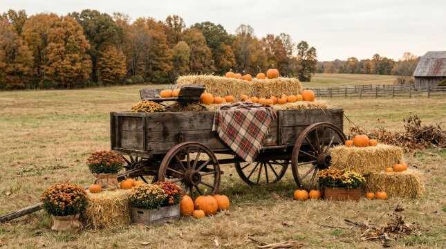 Rustic wagon display in an autumn field. Old wooden farm wagon loaded with hay bales and pumpkins, flanked by mums with a red barn behind