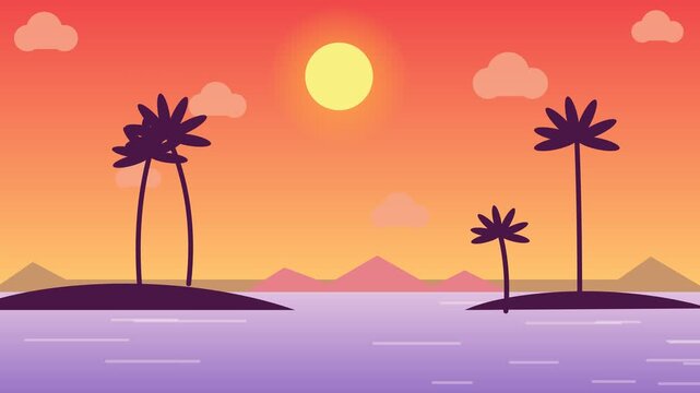 Animated Tropical Island Landscape with Palm Trees and Clouds at Night to Day animaton, Flat Vector Motion Graphic