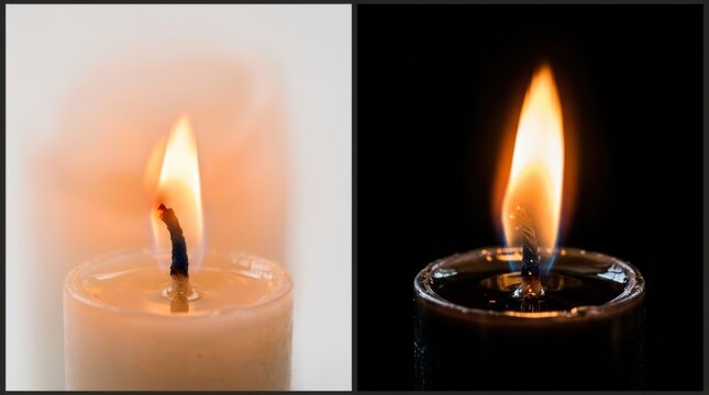 Four candle flames isolated on white. Set of burning flames in different shapes and wind directions, close-up of wicks against a clean white background