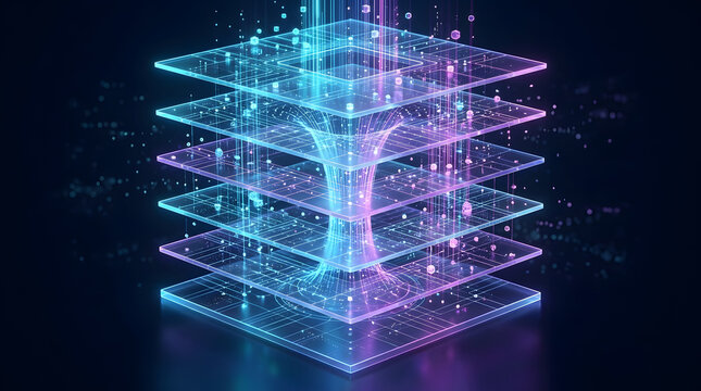 Futuristic abstract data visualization with glowing stacked layers and energy vortex. High-tech digital background representing big data processing, quantum computing, and metaverse infrastructure.