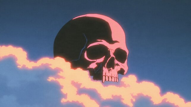 Growth mindset skull floating above glowing sunset clouds in retro anime style with neon pink and deep blue sky aesthetic