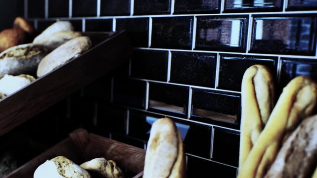 Various delicious crusty bread types are arranged neatly inside wooden display shelves near black glossy tiles inside a modern bakery store during daytime