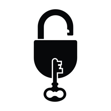 Open padlock with key, symbol for unlocked security or access granted