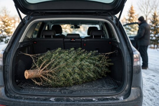 Securing freshly cut christmas tree in car trunk ready for holiday transport