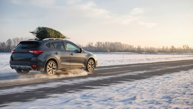 Driving through snowy landscape with christmas tree on roof during sunset