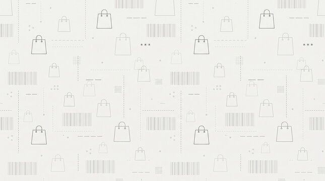 Seamless Subtle Digital Receipt Pattern with Barcode Stripes and Minimalist Shopping Bags