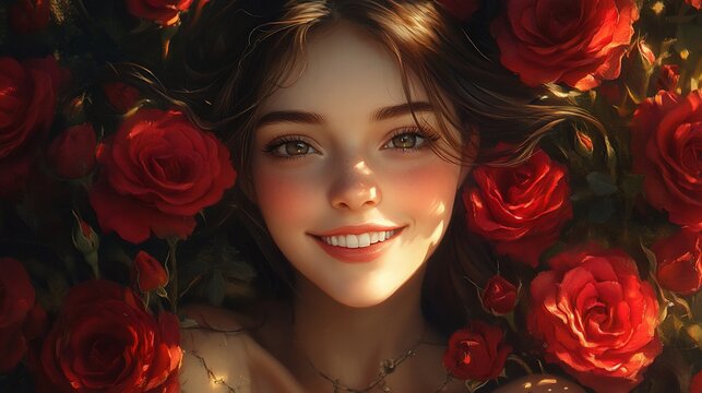 Smiling woman amidst red roses, sunlight, garden, romance