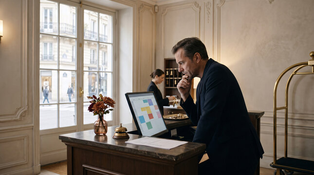 Responsable d'h&ocirc;tel consultant des r&eacute;servations &agrave; la r&eacute;ception