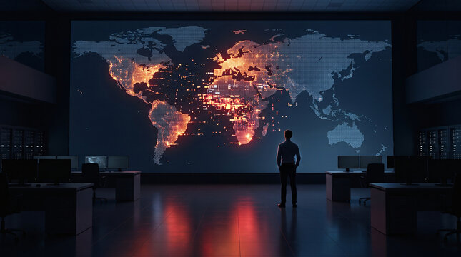 Carte du monde avec zones rouges lumineuses &eacute;voquant une cybercrise